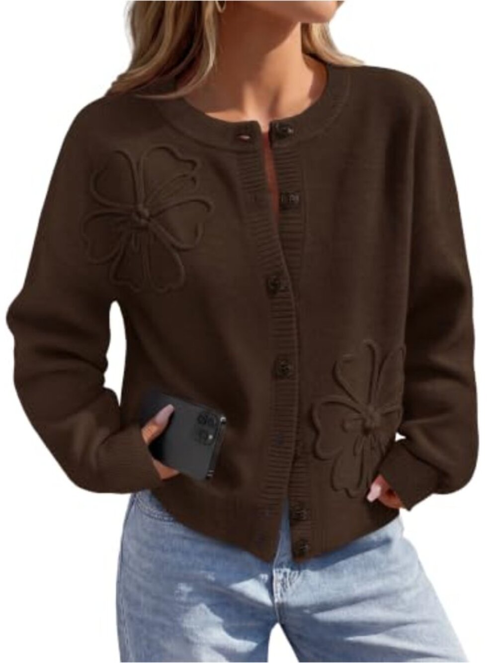 Women's Floral Button Up Cardigan Lantern Sleeve Cozy Sweater